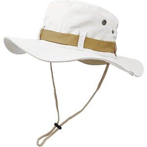 Unisex White 100% Polyester Wide Brim Boonie With Chin Strap Classic Bucket Hat